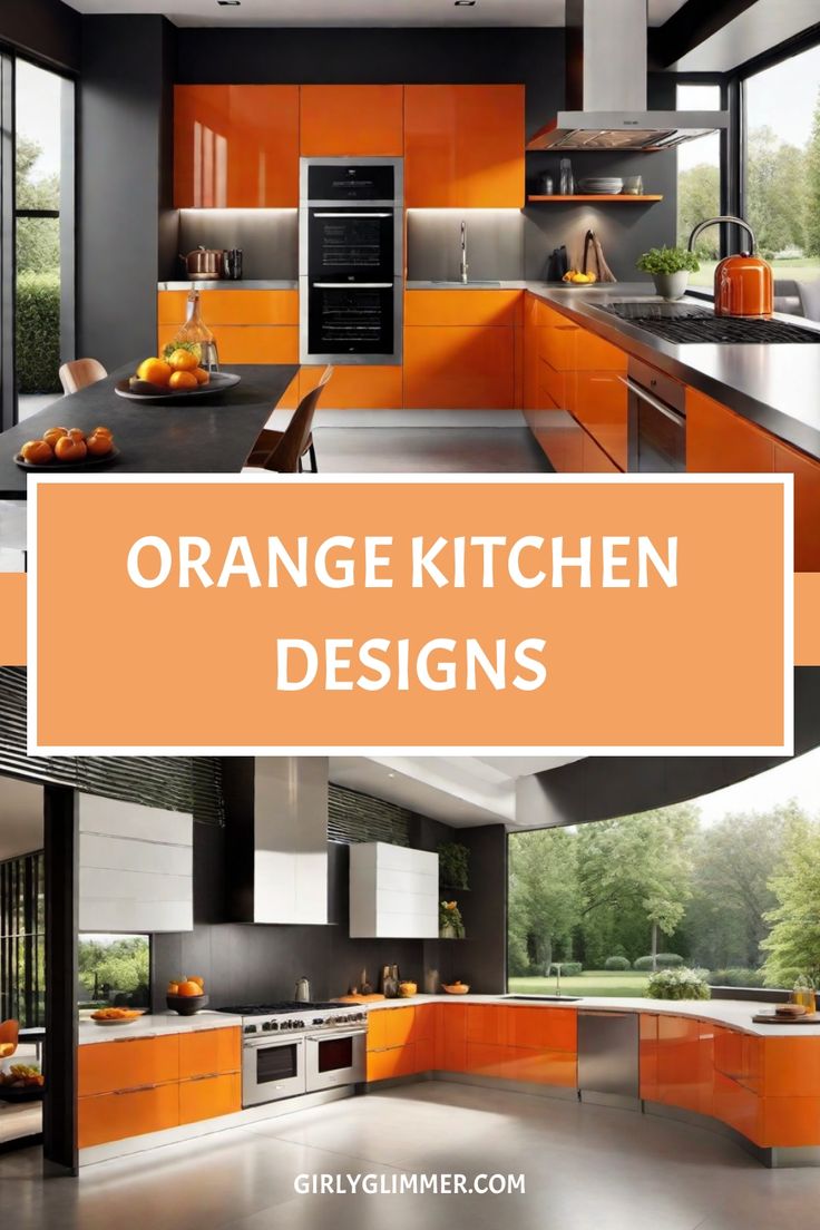 Orange-themed modern kitchen designs with sleek cabinetry and large windows. Kitchen Painting Ideas, Orange Kitchen Designs, Yellow Kitchen Designs, Kitchen Paint Ideas, Trend Kitchen, Kitchen Color Ideas, Farmhouse Trim, Kitchen Color Schemes, Kitchen Color Palettes