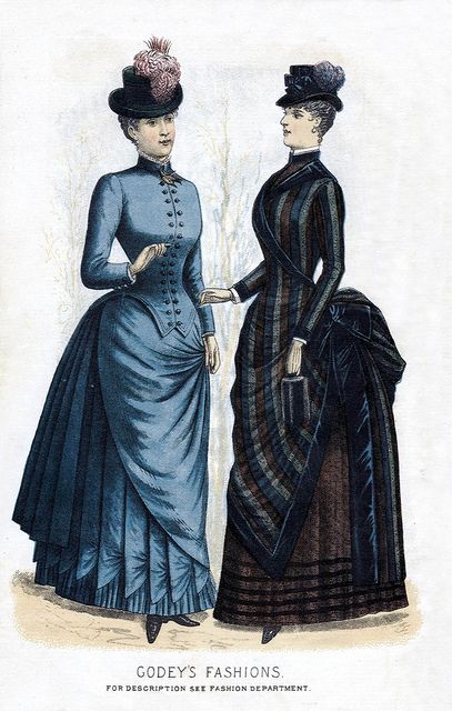 1884 - Godey's Ladies' Book  I especially like the bodice and pleats on the blue dress 1885 Fashion, 1880s Dress, 1870 Fashion, 1880 Fashion, 1870s Fashion, 1880s Fashion, 1800s Fashion, Victorian Costume, 19th Century Fashion