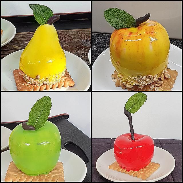 four pictures of different types of fruit on plates with leaves and spoons in them