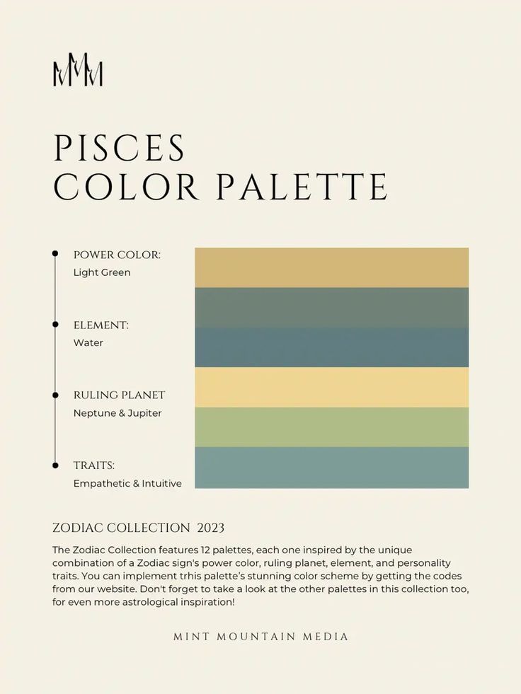 the color palette is shown in shades of blue, yellow and green with text that reads mm pisces color palette