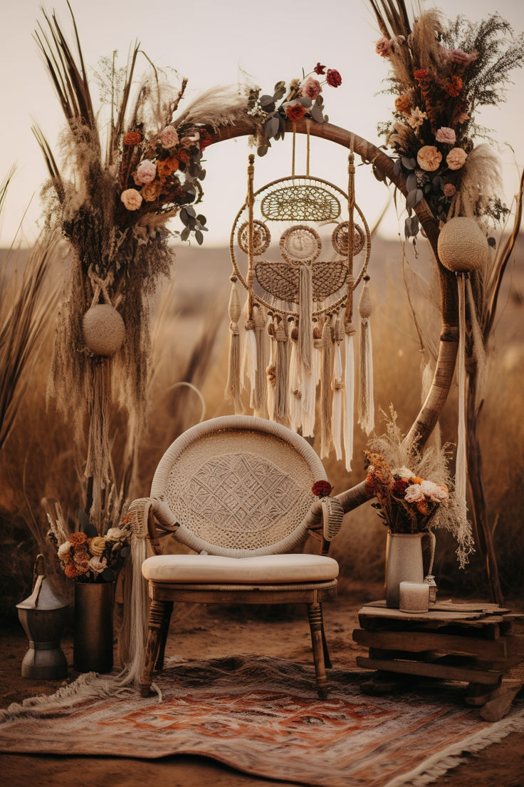 a white chair sitting on top of a rug next to an arch with flowers and feathers