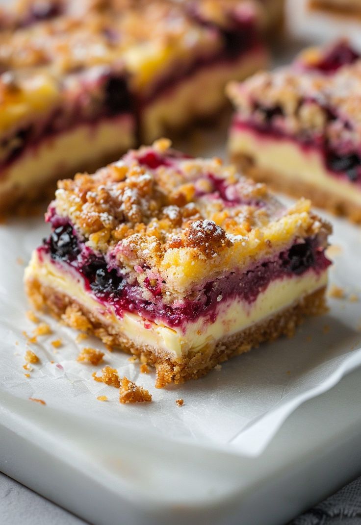 three pieces of dessert sitting on top of a white plate with crumb toppings