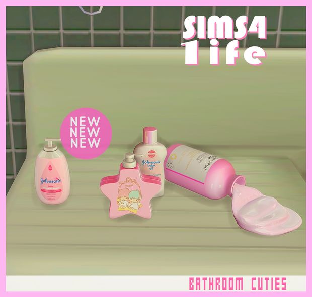 there is a pink bathroom set on the shelf next to it's bottle and other items