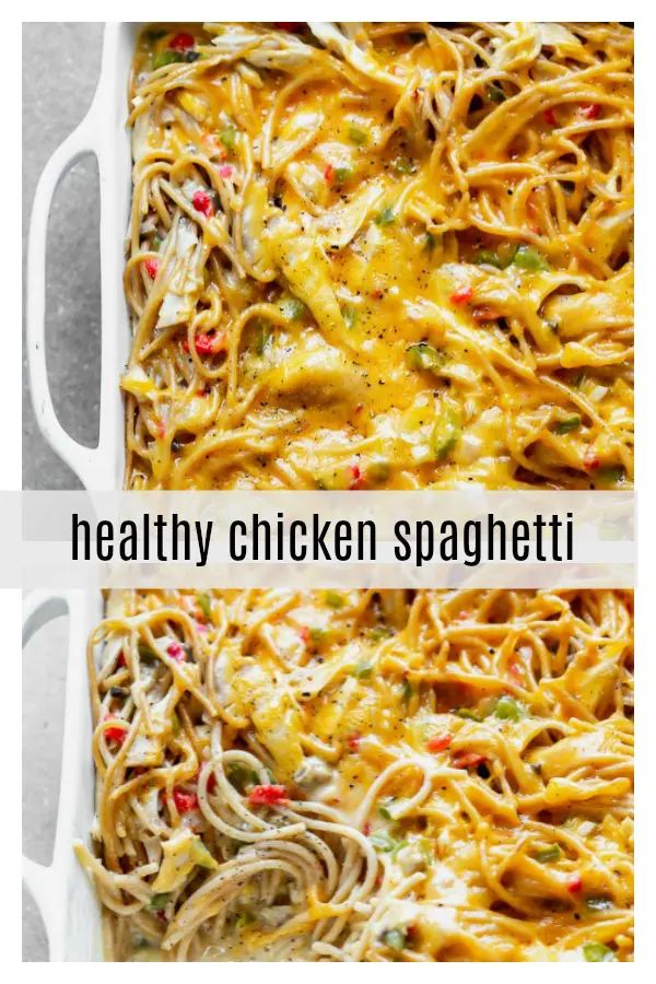 two pictures showing different types of spaghetti in a casserole dish with the words healthy chicken spaghetti