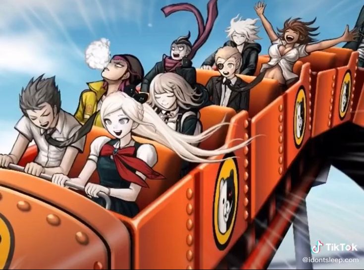 an animated image of people riding on a roller coaster with cartoon characters in the background