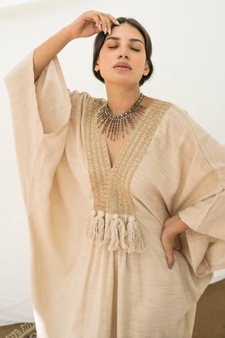 Linen Kaftan, White Kaftan, Kaftan For Women, White Tassel, Flared Sleeves, Aza Fashion, Jaipur, Ramadan, Bell Sleeve Top