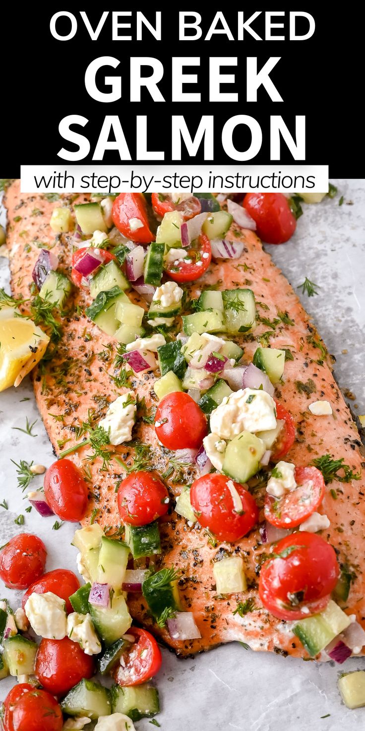 salmon with tomatoes, cucumber and other vegetables on it is shown in the foreground