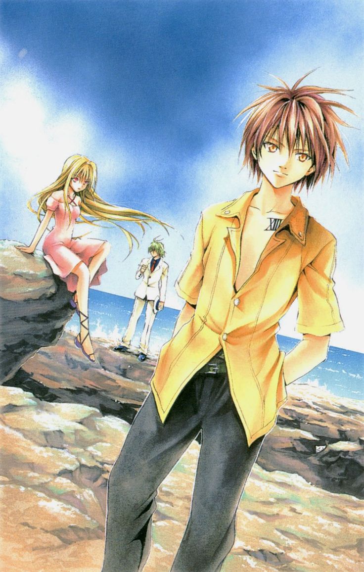 an anime character standing on the beach with two other characters in the background and one person sitting