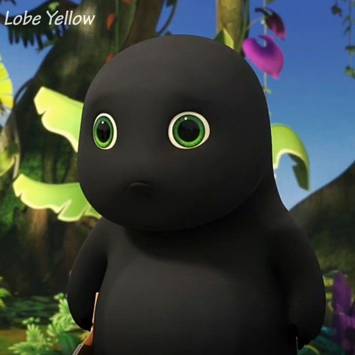 a cartoon character with big green eyes standing in the jungle