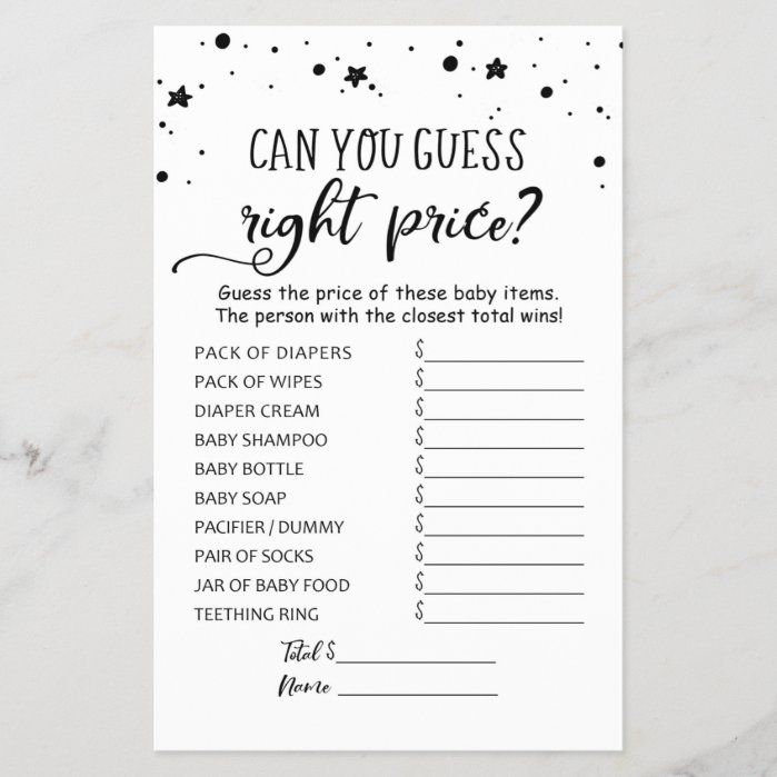 a printable baby shower game with the words can you guess right price? on it