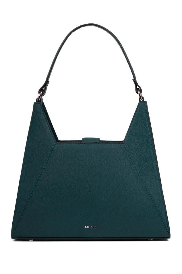 Teal structured shoulder bag in triangulated geometrical architectural structures, with a magnetic fastening and features an inside zipped pocket. 
Type: Plain
Composition: Leather
Color: Green
Other Details: 
Inside zipped pocket
Dimensions: L x B x W (in cms): 26.5 x 8 x 31
Product weight (in gms): 500
Closure: Magnetic fastening
Disclaimer: Leather is a natural material. Hence, it is possible for colour variations and markings to appear in the leather. These should not be thought of as defect Teal Handbag, Green Plain, Structured Shoulder, Green Handbag, Handbags Online, Natural Material, Teal Green, Green Leather, Online Accessories