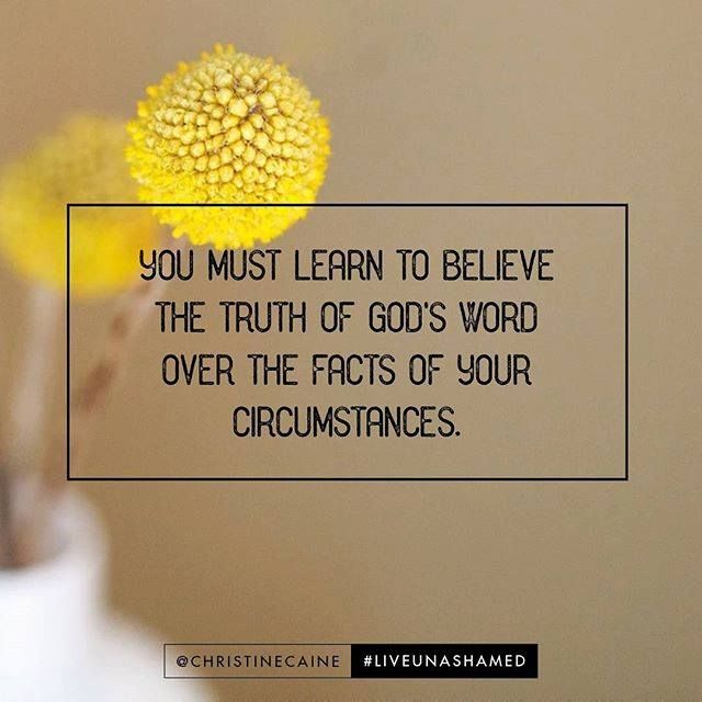 two yellow flowers in a vase with a quote about the truth behind them that says, you must learn to believe the truth of god's word over the fact of your circunitances