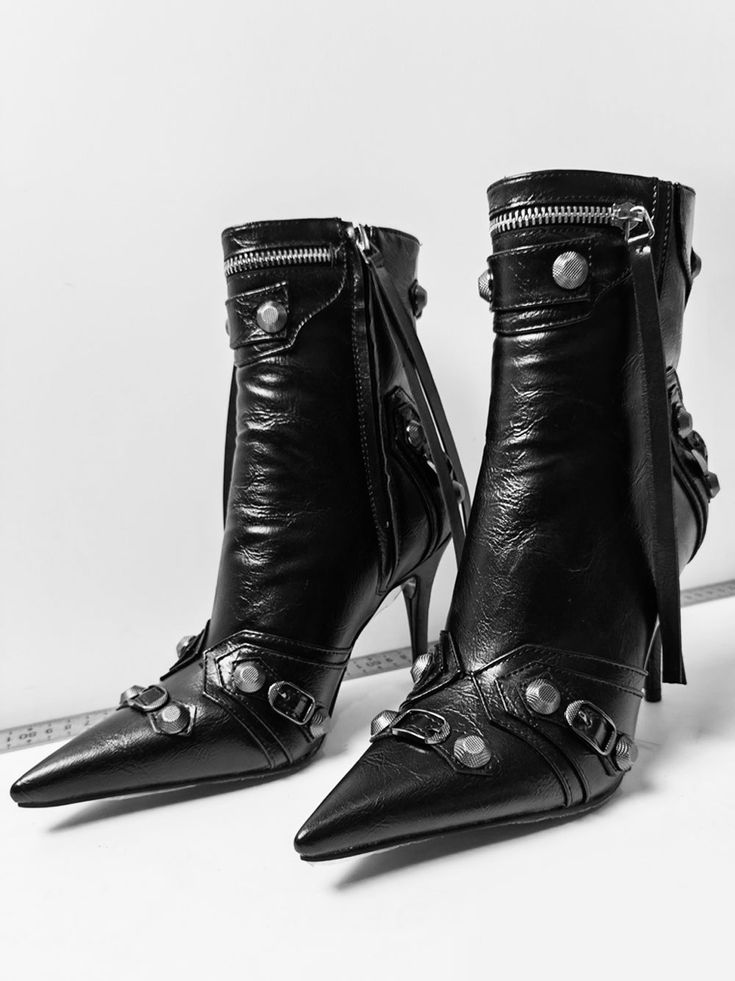 Insole: PU Vegan Leather Upper: microfiber Shaft: microfiber Outsole: Rubber Lining: microfiber Pointed Toe Side Zipper Closer Silver-tone hardware Decorative zip details Stud embellishment Pointed toe High stiletto heels: 8.5cm-3.5" Our Style No. ZC_2021094334 Punk Leather Heeled Boots With Pointed Toe, Leather High Heel Heels With Rivets, Leather High Heels With Rivets, Edgy High Heel Boots With Zipper Closure, Evening High Ankle Heels With Zipper Closure, Edgy High Heeled Boots With Zipper Closure, Edgy High-heeled Boots With Zipper Closure, Leather Punk Heels, Leather Heeled Boots With Zipper And Pointed Toe