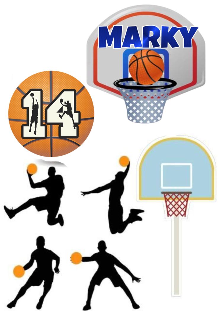 the silhouettes of basketball players are shown in various positions and sizes, including hoop