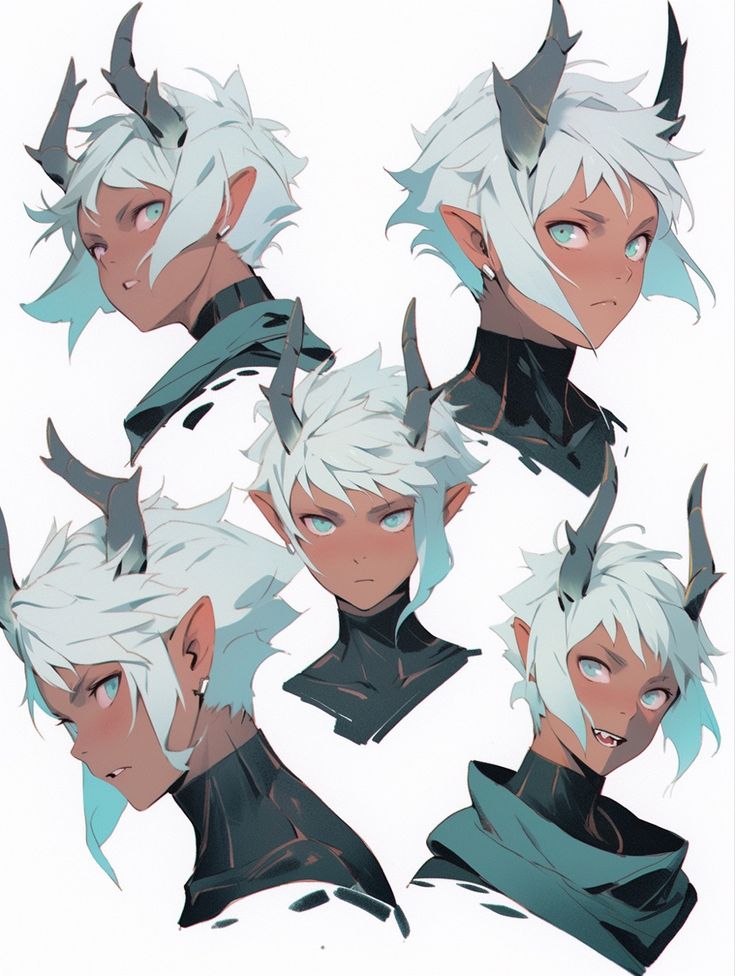 several different angles of the head of an elf with white hair and horns on it