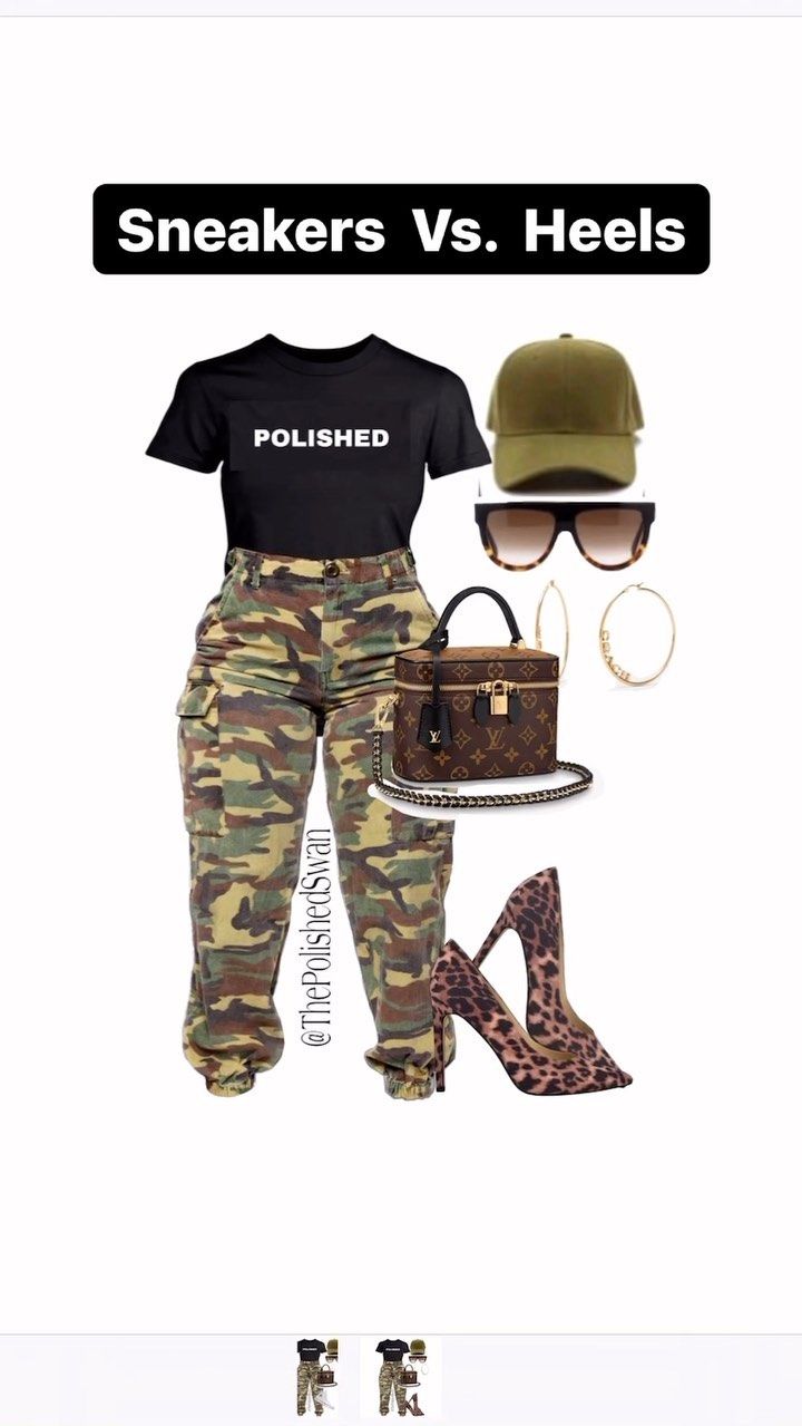 Trendy Camo Outfits, Camo Pants Outfit With Heels, Level Up Outfit Ideas, Women’s Camouflage Outfits, Camo Hat Outfits Women, Superbowl Outfits Women, Swag Outfits For Women, Fitted Hat Outfit Black Women, Camoflouge Outfit Black Women