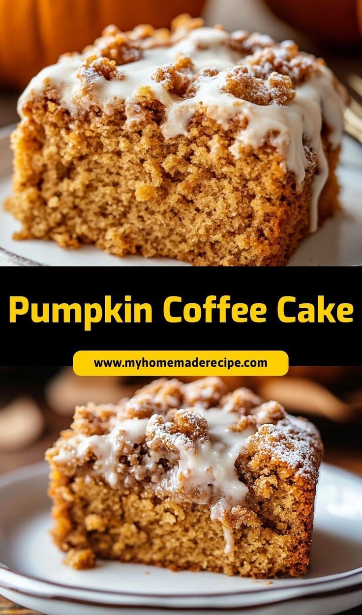 pumpkin coffee cake with white frosting on a plate