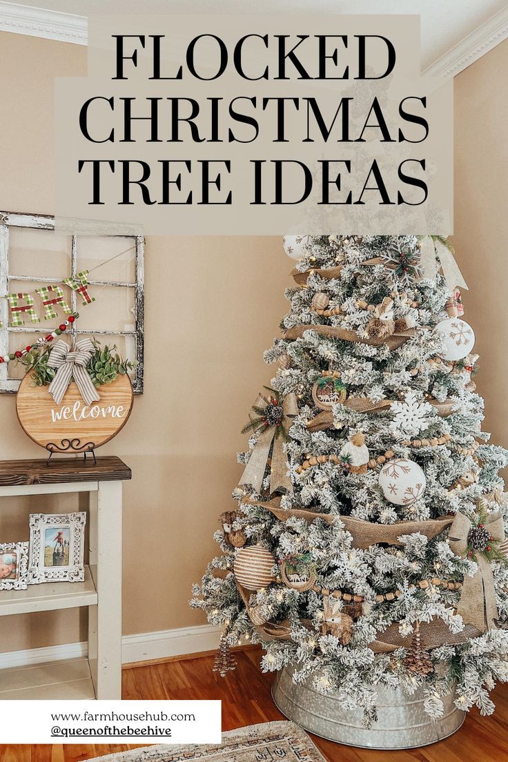 Flocked Christmas Tree Ideas Colored Lights On Flocked Tree, Neutral Flocked Christmas Tree Decor, Flocked Christmas Tree Decor Ideas, Flocked Christmas Tree Decor, Flocked Christmas Tree Ideas, Fall Fireplace Decor, Flocked Tree, Christmas Tree Decor Ideas, Tree Decor Ideas