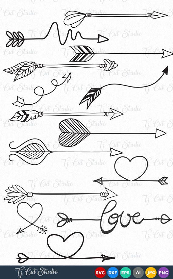 some arrows and hearts with the word love on them in cursive font,