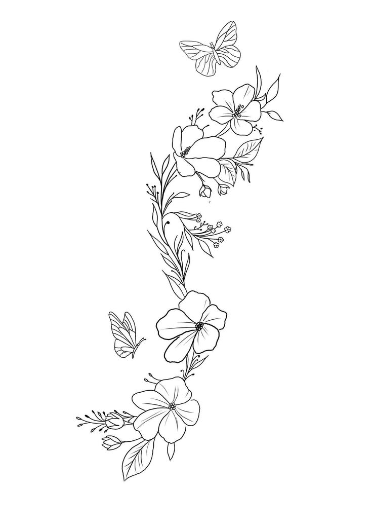 a line drawing of flowers and butterflies