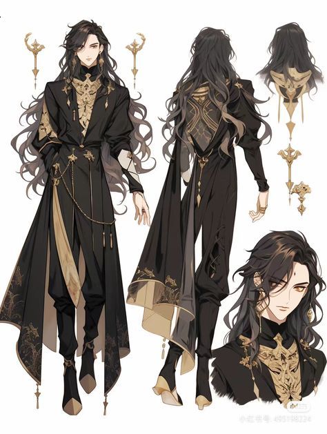 an anime character with long black hair and gold accents, wearing a dark coat and pants