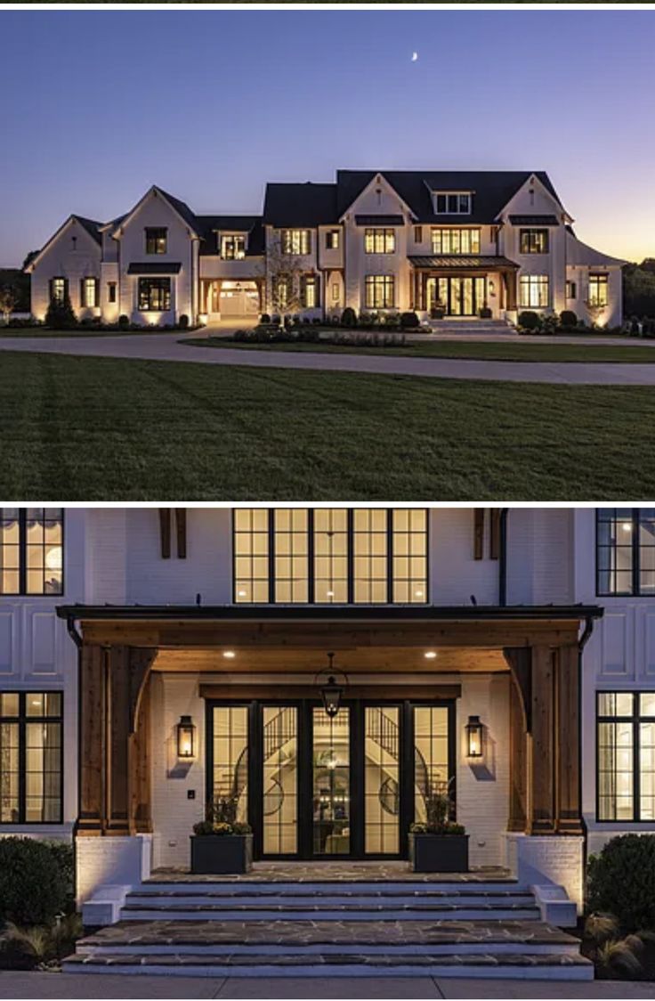 the front and side views of a large house at night, with lights on in the windows