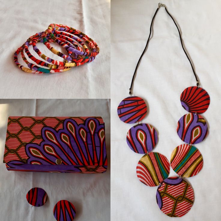 Bolsa de mão , colar , brincos , tudo feito com cartão , cola branca e tecido africano . Pulseiras forradas com tecido africano também . Washer Necklace