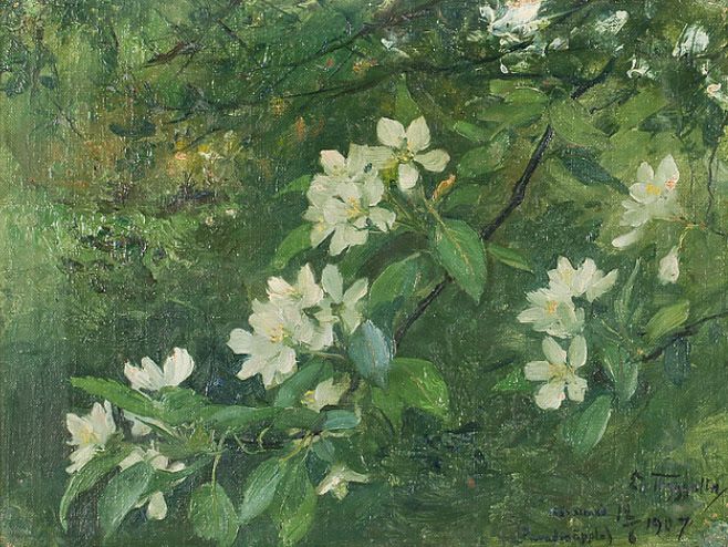 a painting of white flowers on a green background