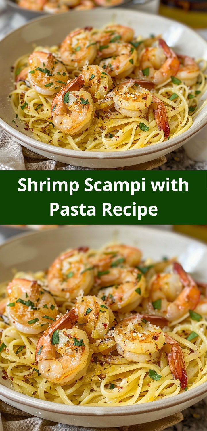 shrimp scampi with pasta in a white bowl