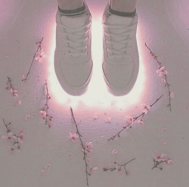 a pair of white sneakers sitting on top of a floor next to pink and white flowers