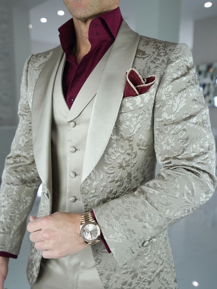 Look how awesome this Champagne Oro Fiore look came out! 😱 It’s that mix of champagne 🍾 & 🍷 ⭐️⭐️⭐️⭐️⭐️ Tag someone that needs this in their life 🙏🏻 #sebastiancruzcouture #suits #suitstyle #dinnerjacket #mensclothing #mensfashion #menswear #bespoke Elegant Tuxedo With Lapel Collar And Button Closure, Elegant Gold Outerwear With Suit Collar, Wedding Outerwear With Lapel Collar And Single Button, Beige Semi-formal Blazer With Buttons, Luxury Suits With Buttons And Lapel Collar, Elegant Suits With Button Closure And Lapel Collar, Elegant Three-piece Suit With Lapel Collar And Buttons, Beige Suit With Button Closure And Lapel Collar, Fitted Beige Suits With Button Closure