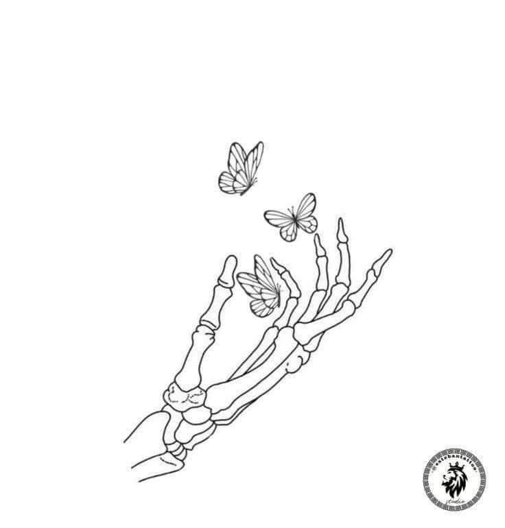 a drawing of two hands reaching for a butterfly on top of the arm, with one hand in the air