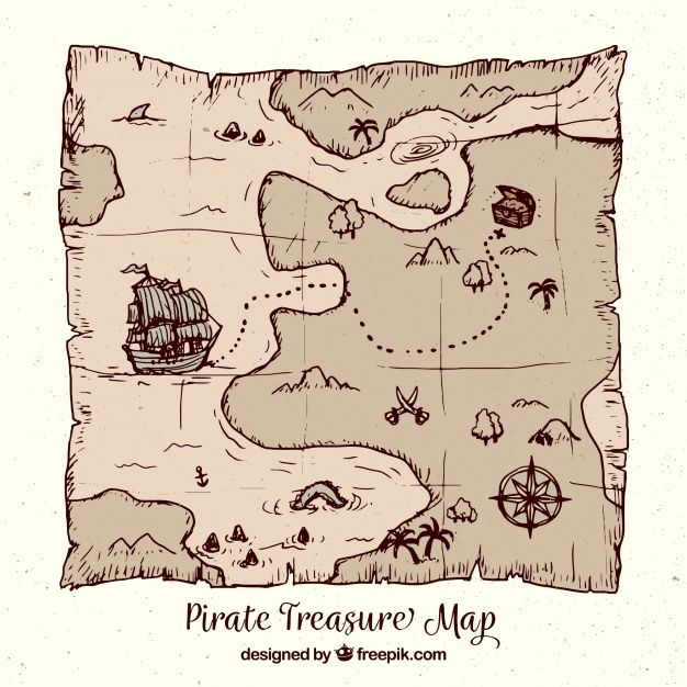 an old pirate map with ships and other items on it, hand drawn in ink