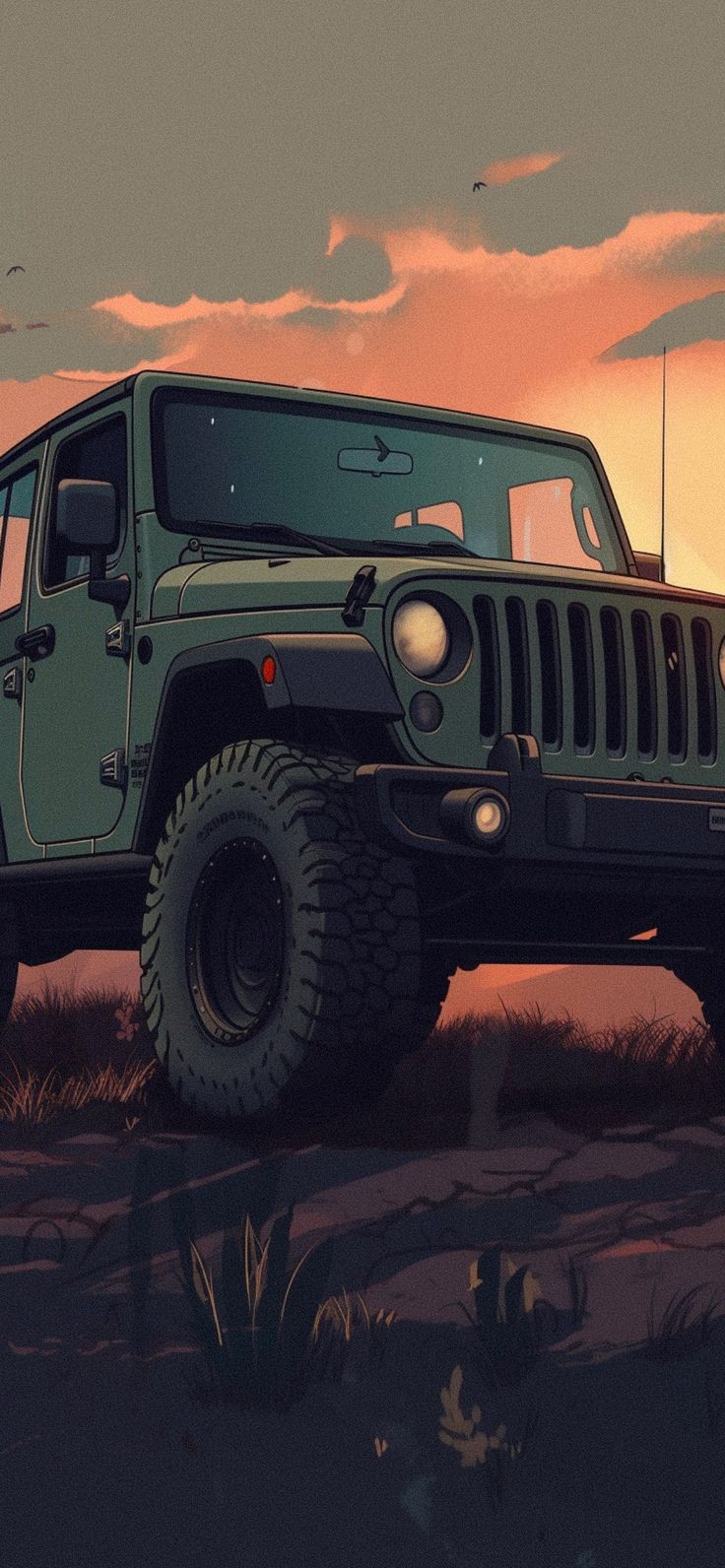 a green jeep parked on top of a grass covered field