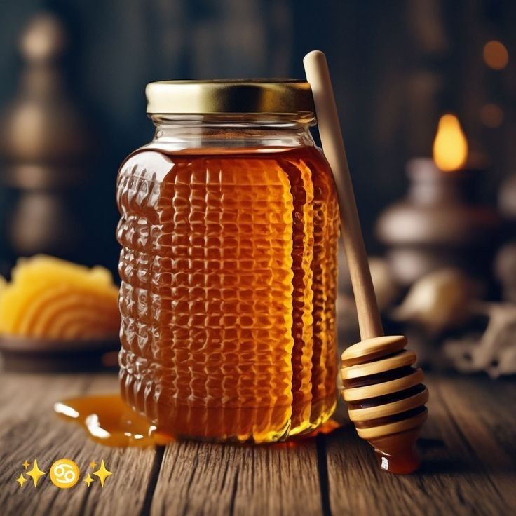 a jar of honey with a wooden spoon next to it and some honeycombs on the table