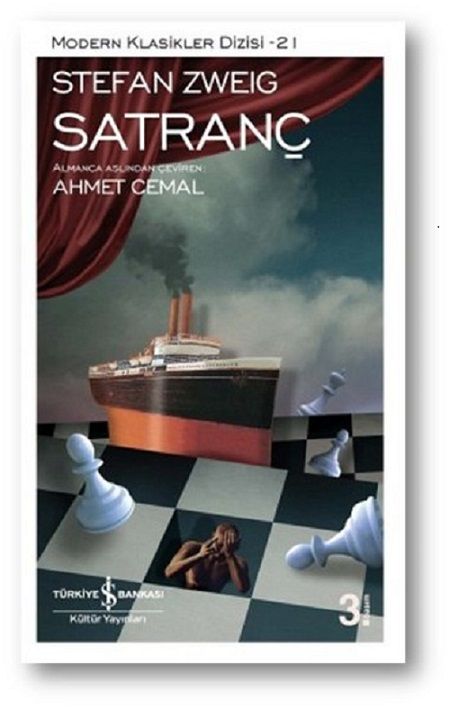 a book cover with chess pieces and a ship in the background