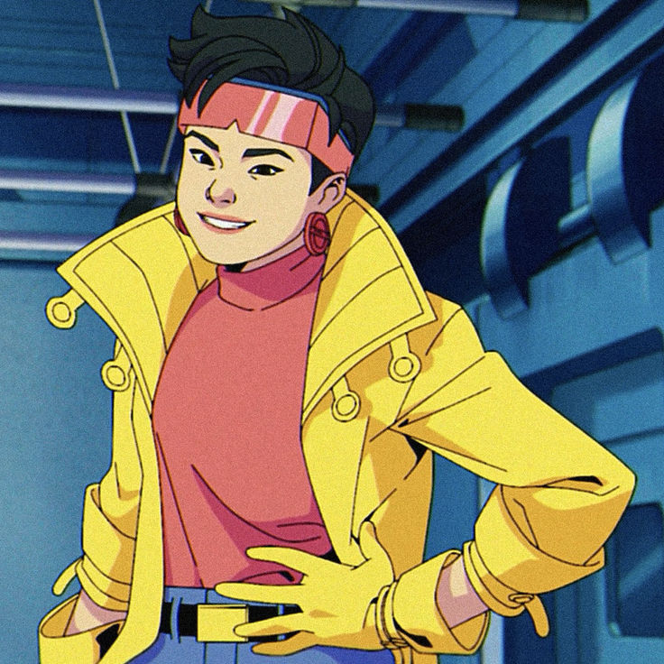 an animated image of a young man in a yellow jacket with his hands on his hips