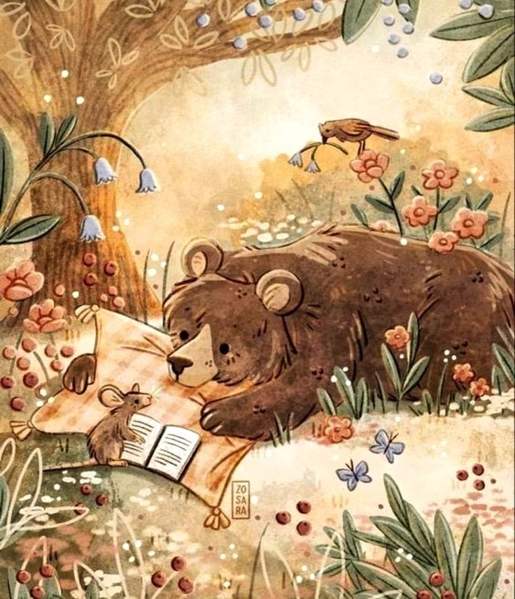 a painting of a bear reading a book in the woods with bees and flowers around it