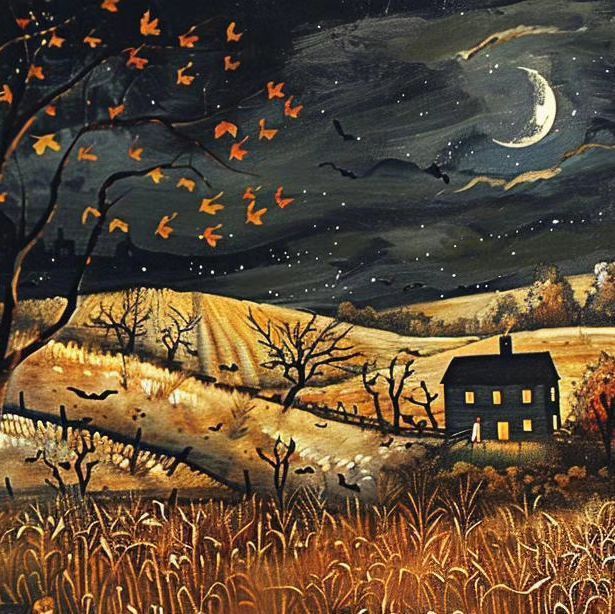 a painting of a house in the middle of a field with bats flying over it