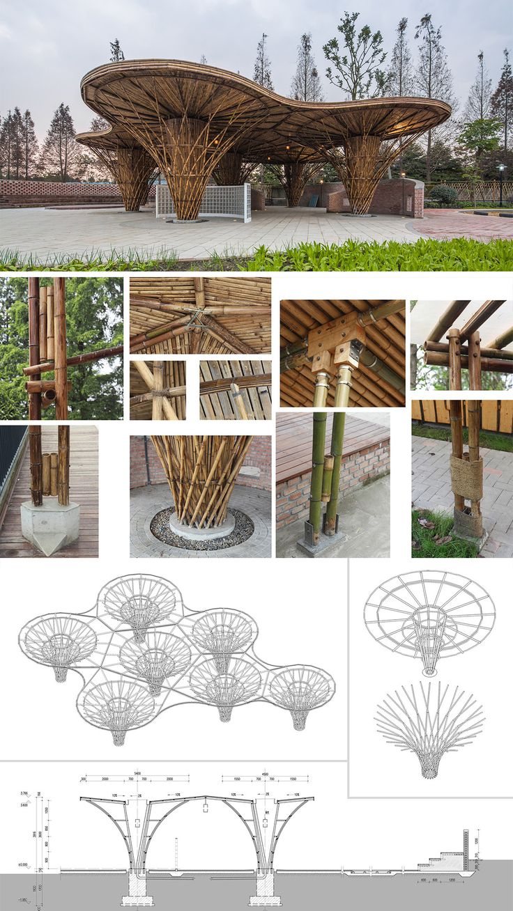 an architectural drawing shows the design for a pavilion with bamboo poles and wooden posts, as well as other details