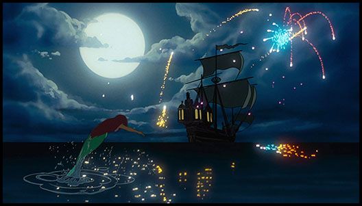 the little mermaid is watching fireworks go off in the sky