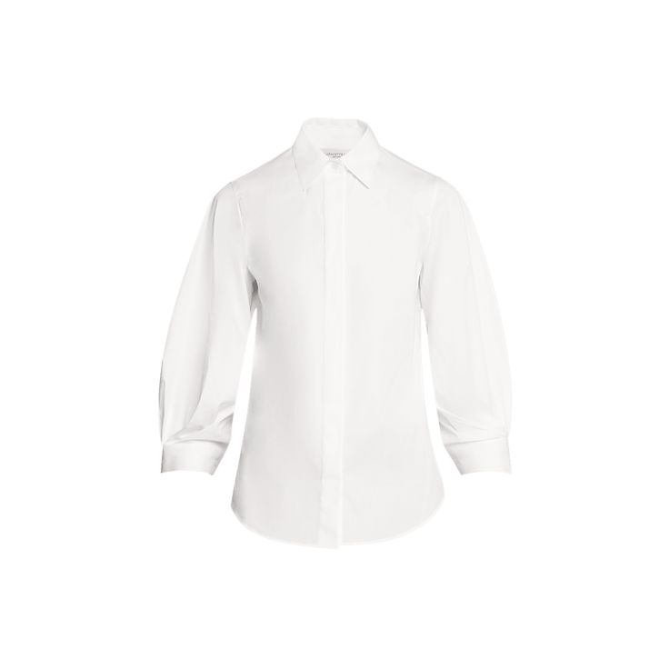 Lafayette 148 New York blouse in cotton with pleated sleeve details Approx. 25"L from shoulders to hem Spread collar; concealed button front 3/4 blouson sleeves Button cuffs Shirttail hem Slim fit Cotton Imported Timeless Long Sleeve Dress Shirt For Daywear, Timeless Daywear Blouse With Concealed Placket, Timeless Long Sleeve Tops With Concealed Placket, Timeless Daywear Tops With Placket, Timeless Blouse With Fold Down Collar For Daywear, Timeless Tops With Placket For Daywear, Timeless Long Sleeve Cotton Blouse, Timeless Office Tops With Concealed Placket, Timeless Office Blouse With Placket