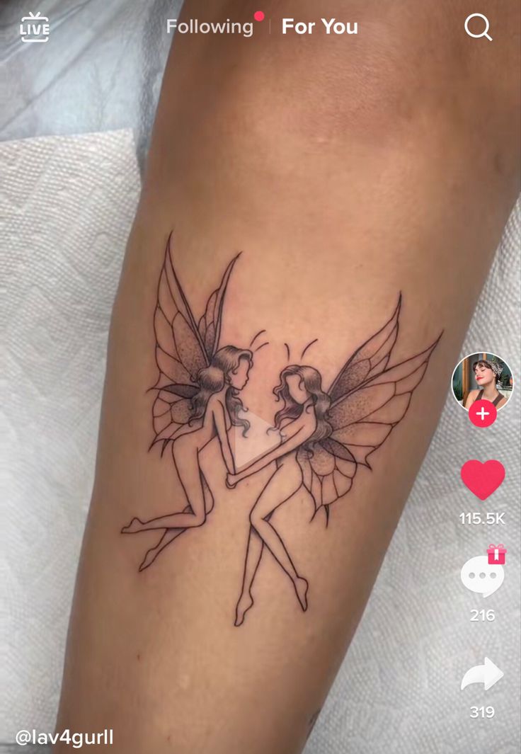 a couple of fairy tattoos on the arm and leg, with two small tinkerbells holding each other's hands