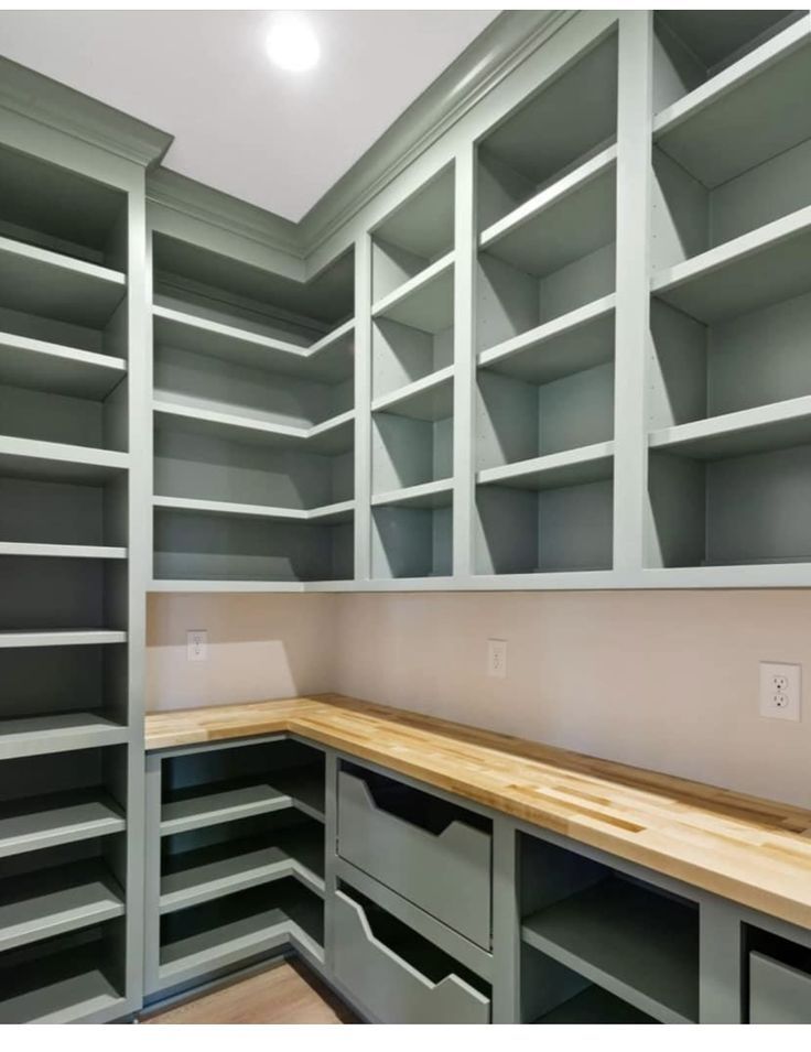 a room with lots of shelves and drawers