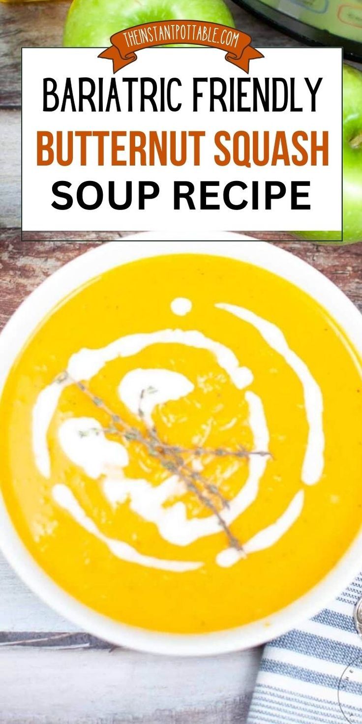 a bowl of butternut squash soup with an apple in the background and text overlay that reads, baristic friendly butternut squash soup recipe