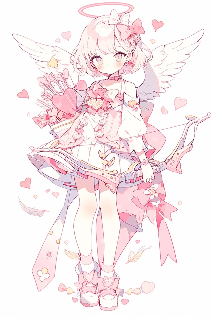 Cute Pink Character Design, Pink Vtuber Design, Pink Oc Drawing, Cupid Outfit Drawing, Cupid Oc Art, Heart Character Design, Valentine Character Design, Adopts Oc, Cupid Anime