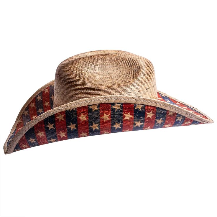 If you love this country, you'll love this Patriot hat! A straw cowboy hat with stars and stripes on the brim with a tasteful black and brown hatband. Also has silver pieces on the hatband Southern Style Fedora For Western-themed Events, Western Style Sun Hat For Rodeo, Western Style Straw Cap For Country Events, Americana Rodeo Hat With Curved Brim, Americana Curved Brim Hat For Rodeo, Americana Style Curved Brim Hat For Rodeo, Curved Brim Hats For Country Festivals, Adjustable Top Hat For Summer Country Events, Adjustable Country Style Top Hat For Country Events