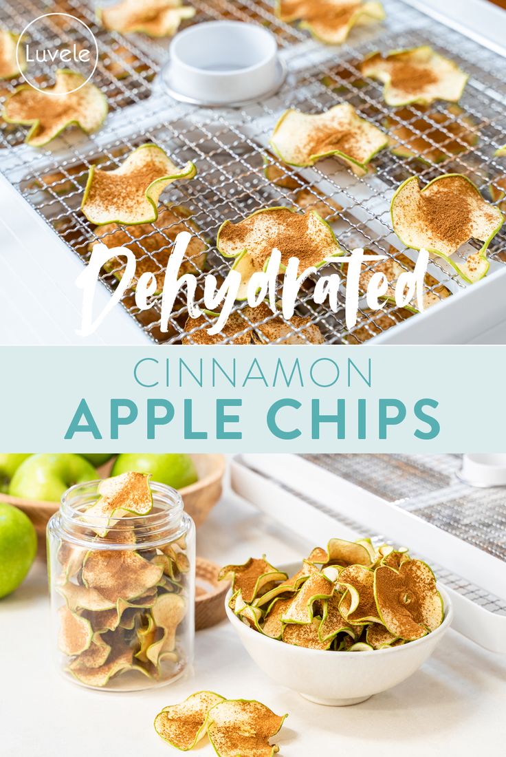 cinnamon apple chips on a cooling rack with apples in the background and text overlay