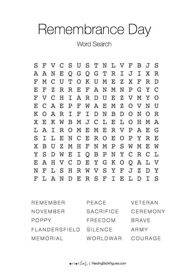 the remembrance day word search is shown in black and white