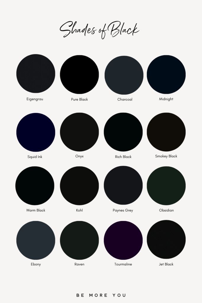 the shades of black are shown in different colors and sizes, with text below them